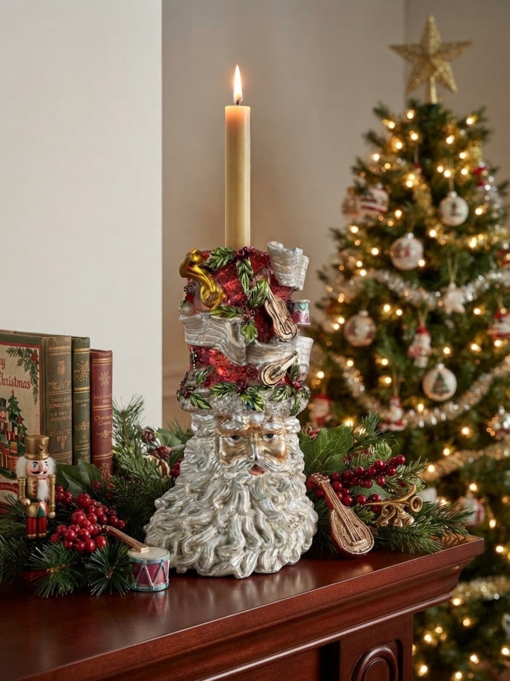 Festive Santa Head Candle Holder - White & Red Holiday Décor